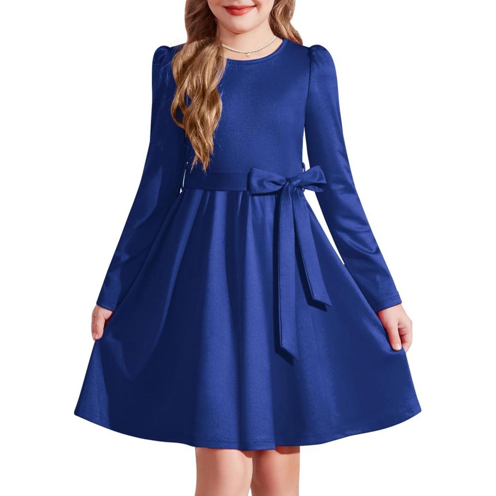 imageArshiner Girls Dresses Puff Long Sleeve Fall Winter Formal Party Belted Dress with Pockets 614YSky Blue