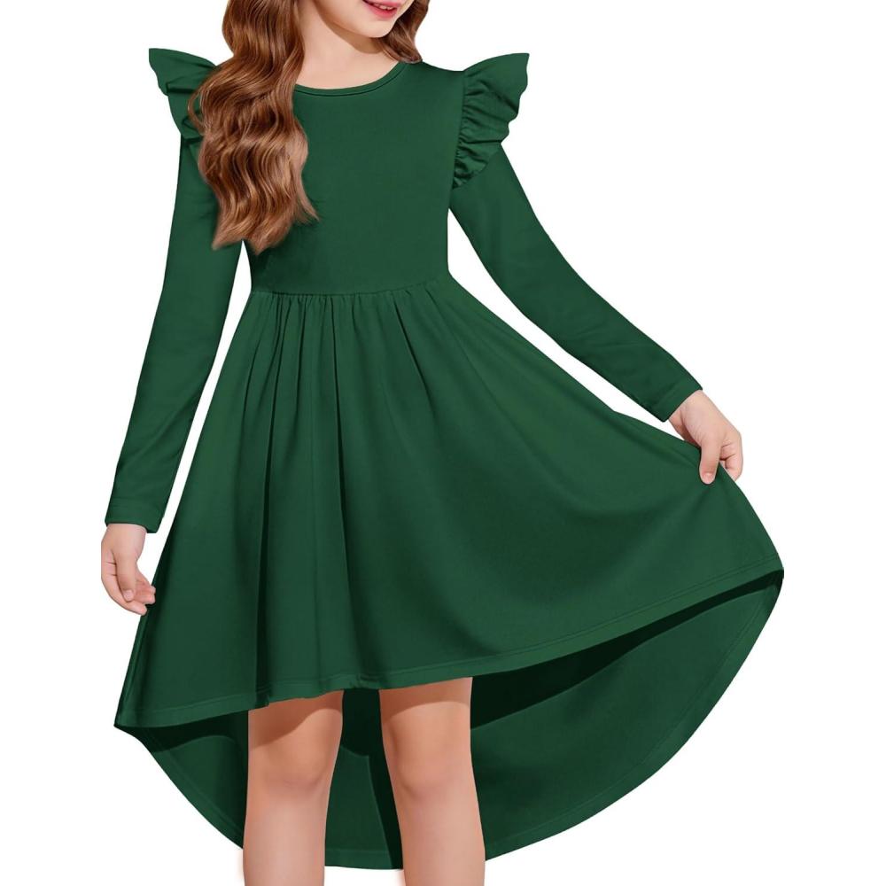 imageArshiner Girls Dresses Ruffle Long Sleeve High Low Flowy Swing Casual Party Dresses with Pockets for 512 YDark Green
