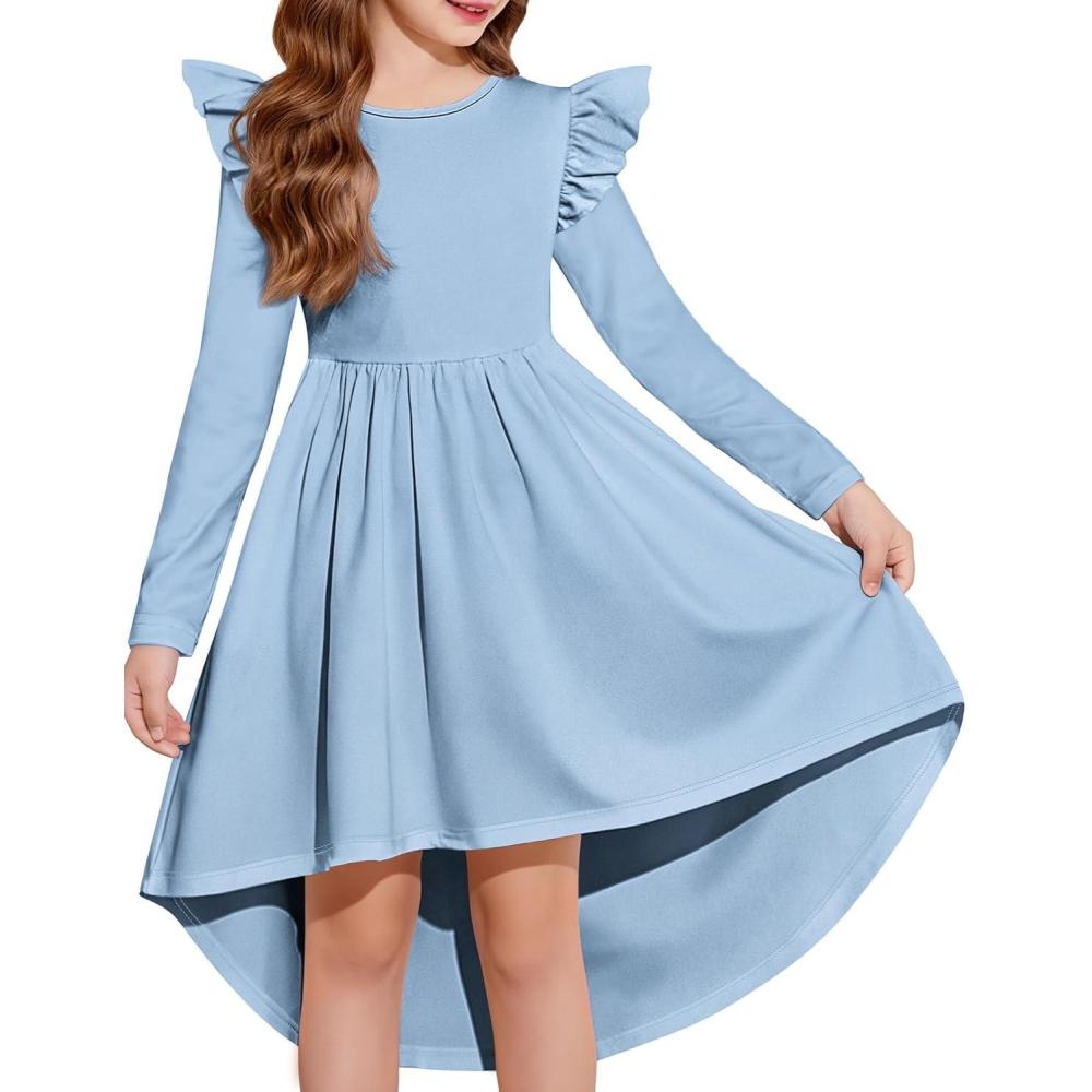imageArshiner Girls Dresses Ruffle Long Sleeve High Low Flowy Swing Casual Party Dresses with Pockets for 512 YLight Blue