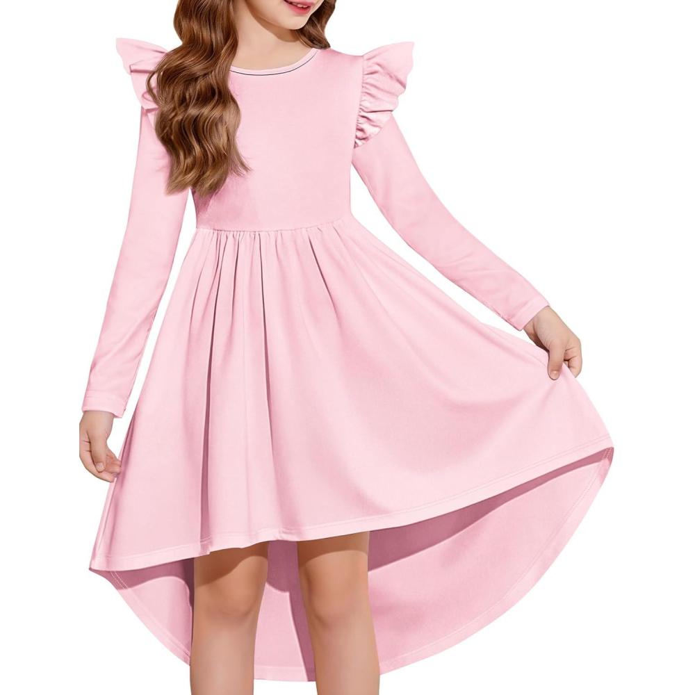 imageArshiner Girls Dresses Ruffle Long Sleeve High Low Flowy Swing Casual Party Dresses with Pockets for 512 YLight Pink