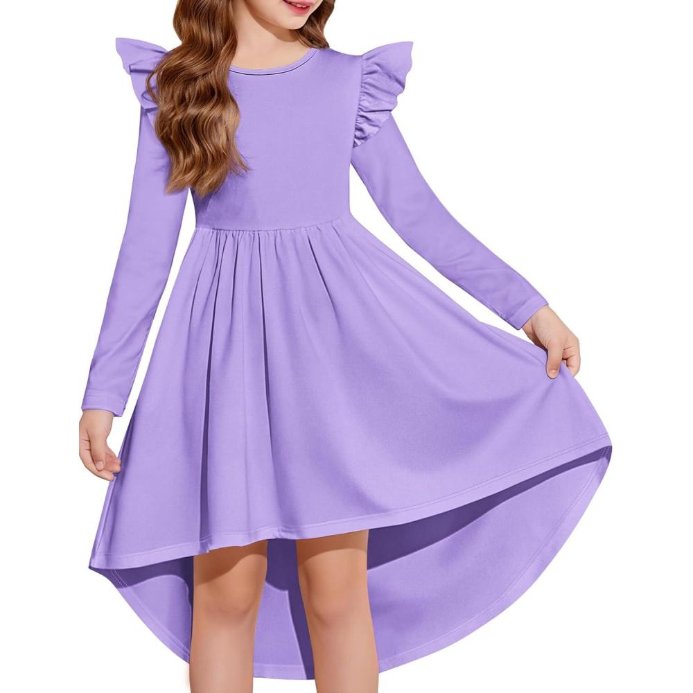 imageArshiner Girls Dresses Ruffle Long Sleeve High Low Flowy Swing Casual Party Dresses with Pockets for 512 YLilac