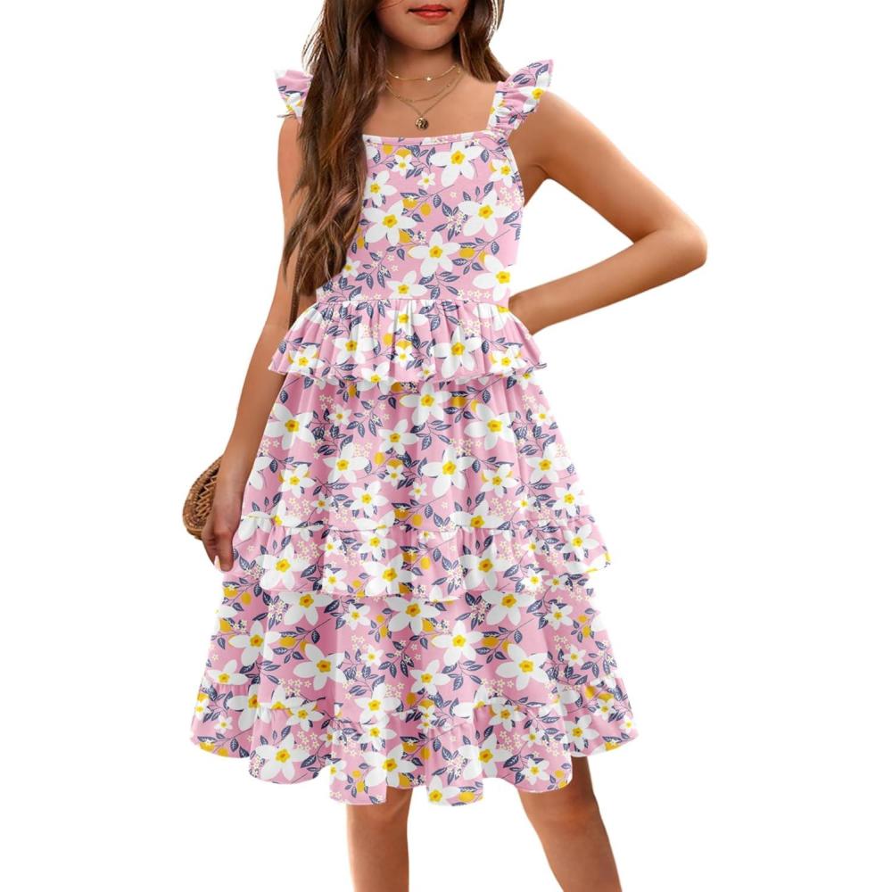 imageArshiner Girls Dresses Ruffle Sleeve Tiered Casual Flowy Swing Tween Sundress with Pockets for Girls 513 YearsFloral Pink