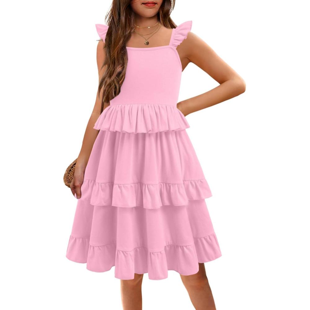 imageArshiner Girls Dresses Ruffle Sleeve Tiered Casual Flowy Swing Tween Sundress with Pockets for Girls 513 YearsLight Pink