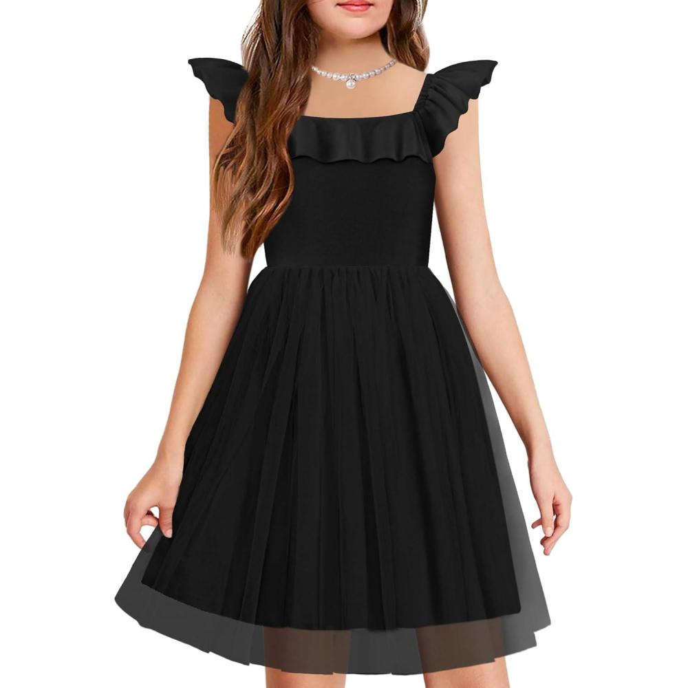 imageArshiner Girls Dresses Summer Square Neck Ruffle Sleeve Formal Party Birthday Tulle Dress 614 YearsBlack