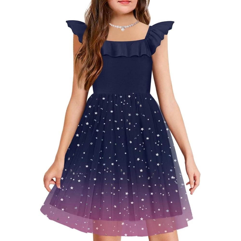 imageArshiner Girls Dresses Summer Square Neck Ruffle Sleeve Formal Party Birthday Tulle Dress 614 YearsGradient Blue