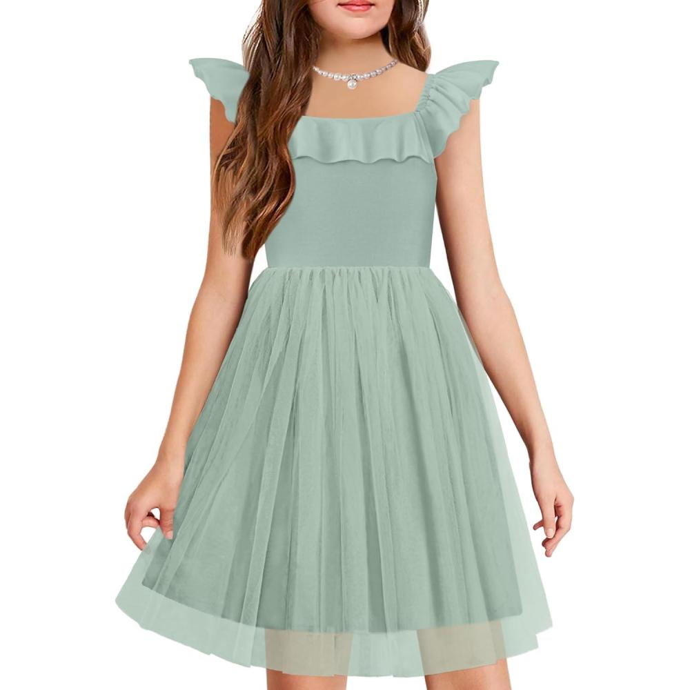 imageArshiner Girls Dresses Summer Square Neck Ruffle Sleeve Formal Party Birthday Tulle Dress 614 YearsLight Green
