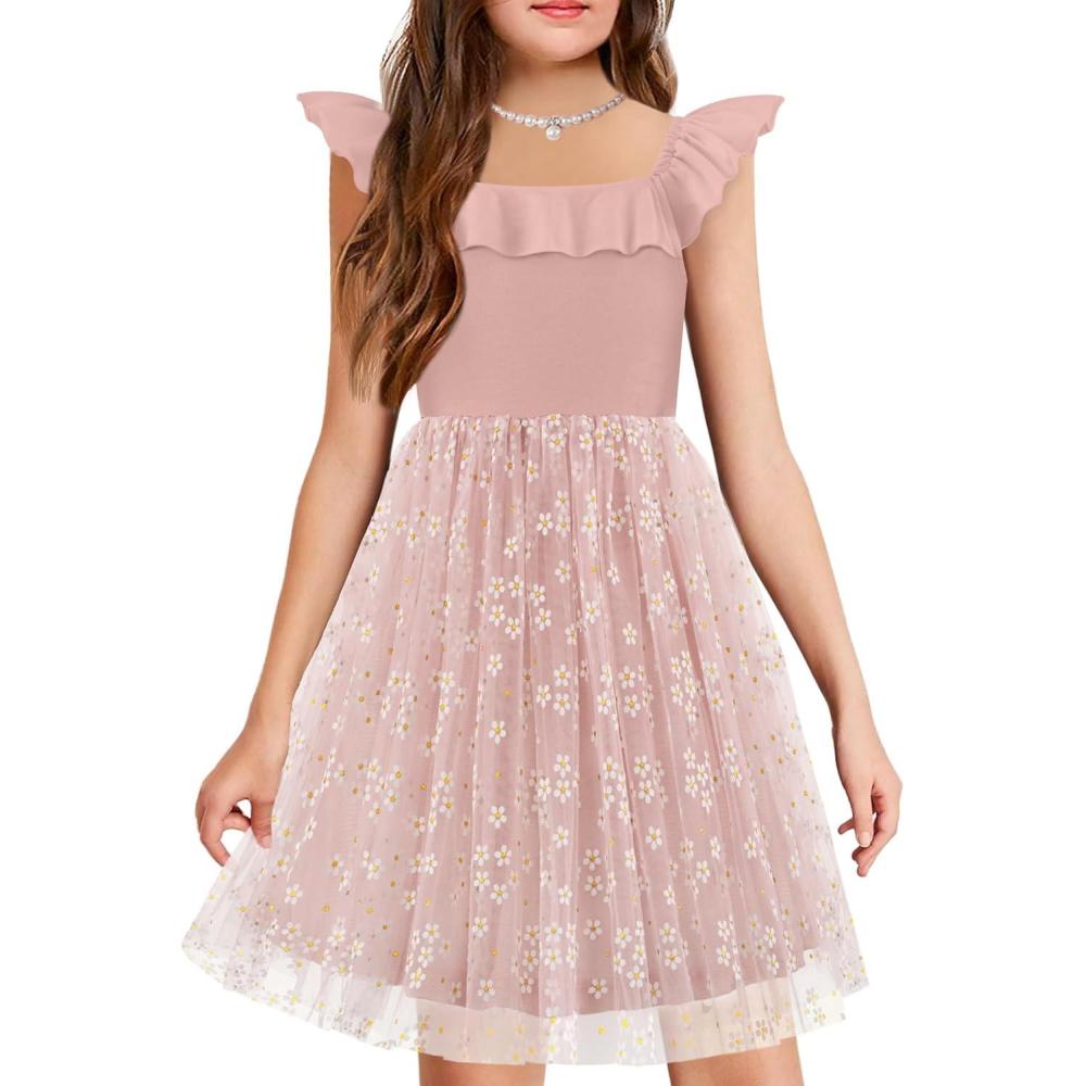 imageArshiner Girls Dresses Summer Square Neck Ruffle Sleeve Formal Party Birthday Tulle Dress 614 YearsPink