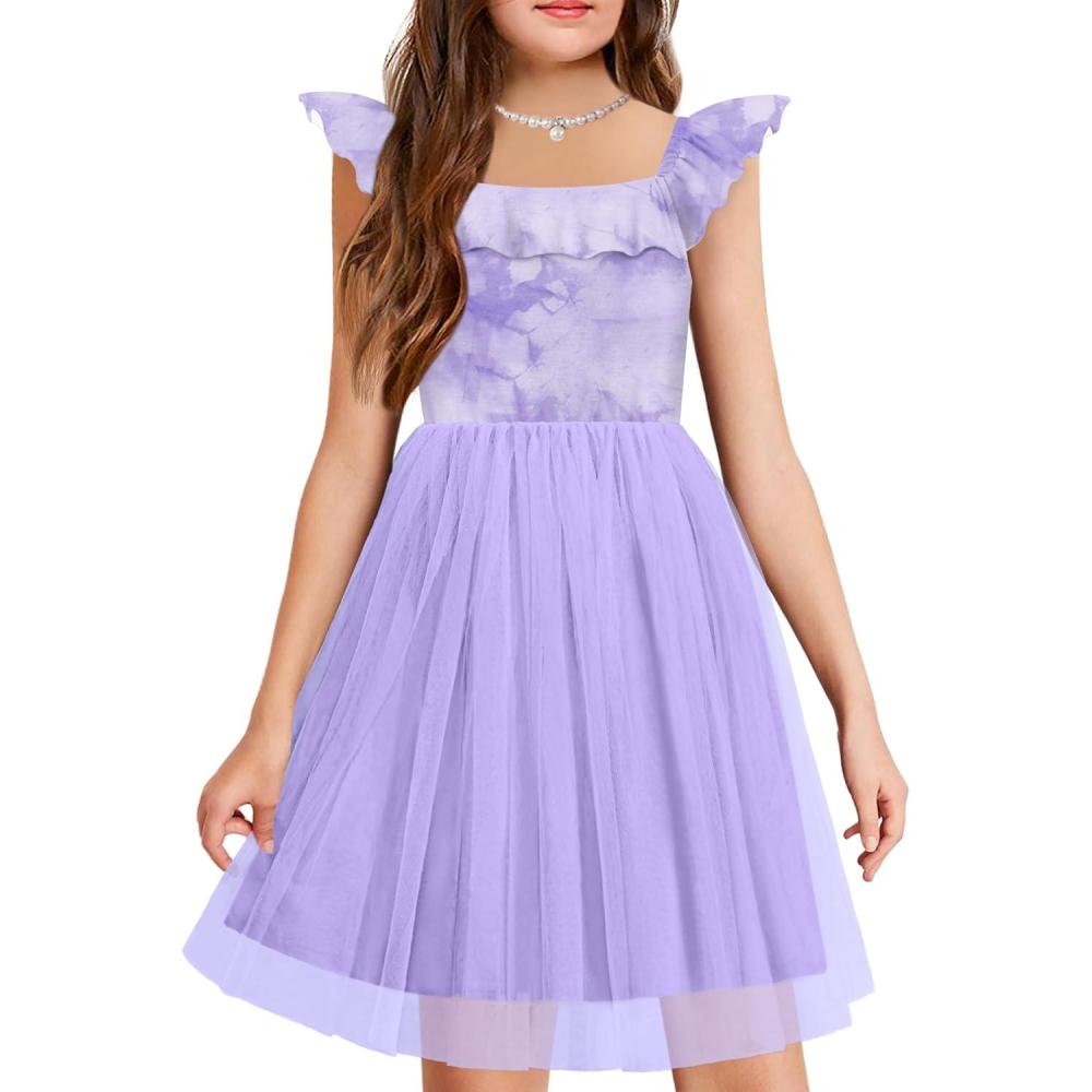imageArshiner Girls Dresses Summer Square Neck Ruffle Sleeve Formal Party Birthday Tulle Dress 614 YearsPurple Flower