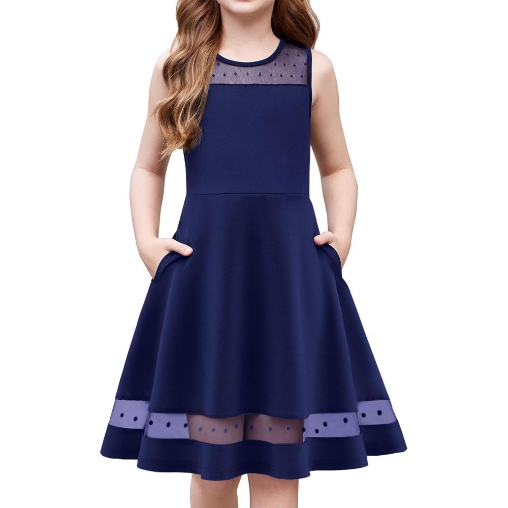 imageArshiner Girls Elegant Dresses Sleeveless Round Neck Aline Party Dance Graduation Mesh Dress Size 516Navy Blue