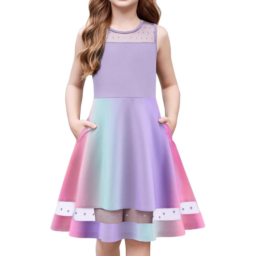 imageArshiner Girls Elegant Dresses Sleeveless Round Neck Aline Party Dance Graduation Mesh Dress Size 516Rainbow 1
