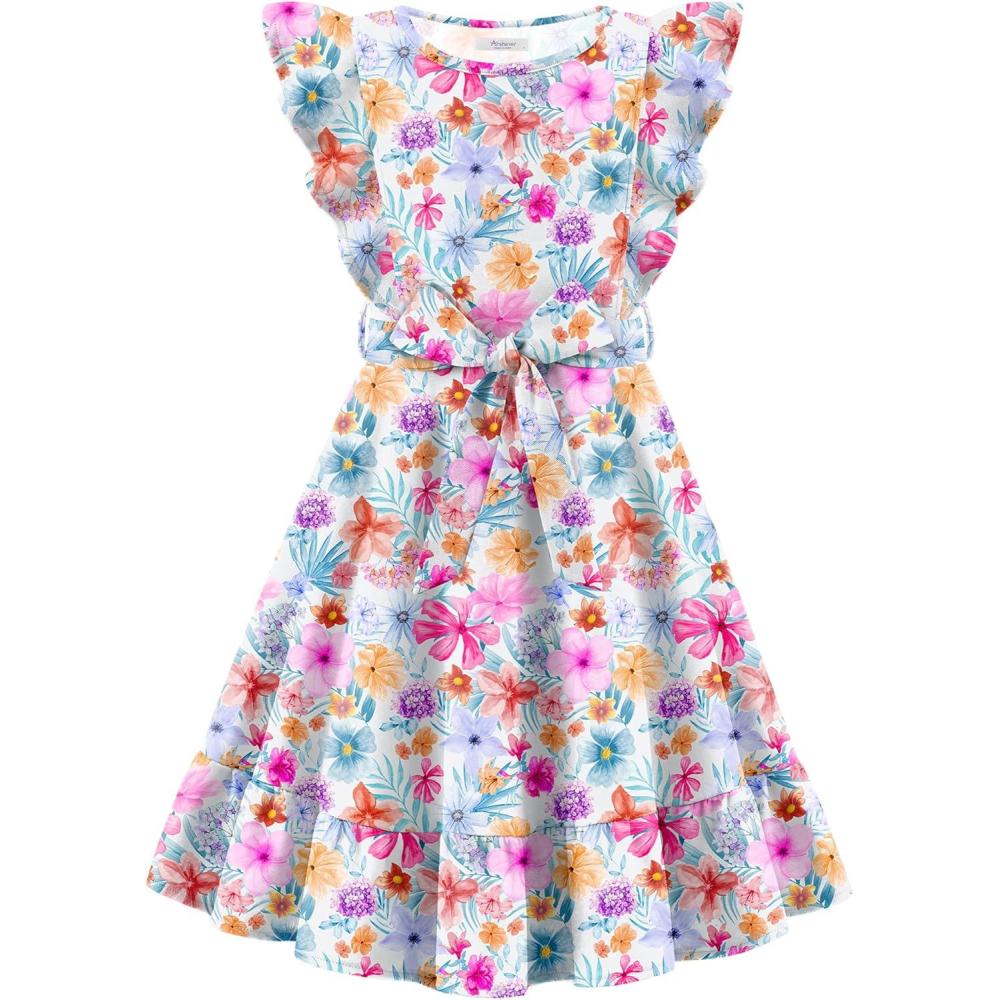 imageArshiner Girls Spring Summer Dresses Flutter Sleeve Aline with Belted Pockets Casual Party Dress for Kids 616 YearsColorful Floral