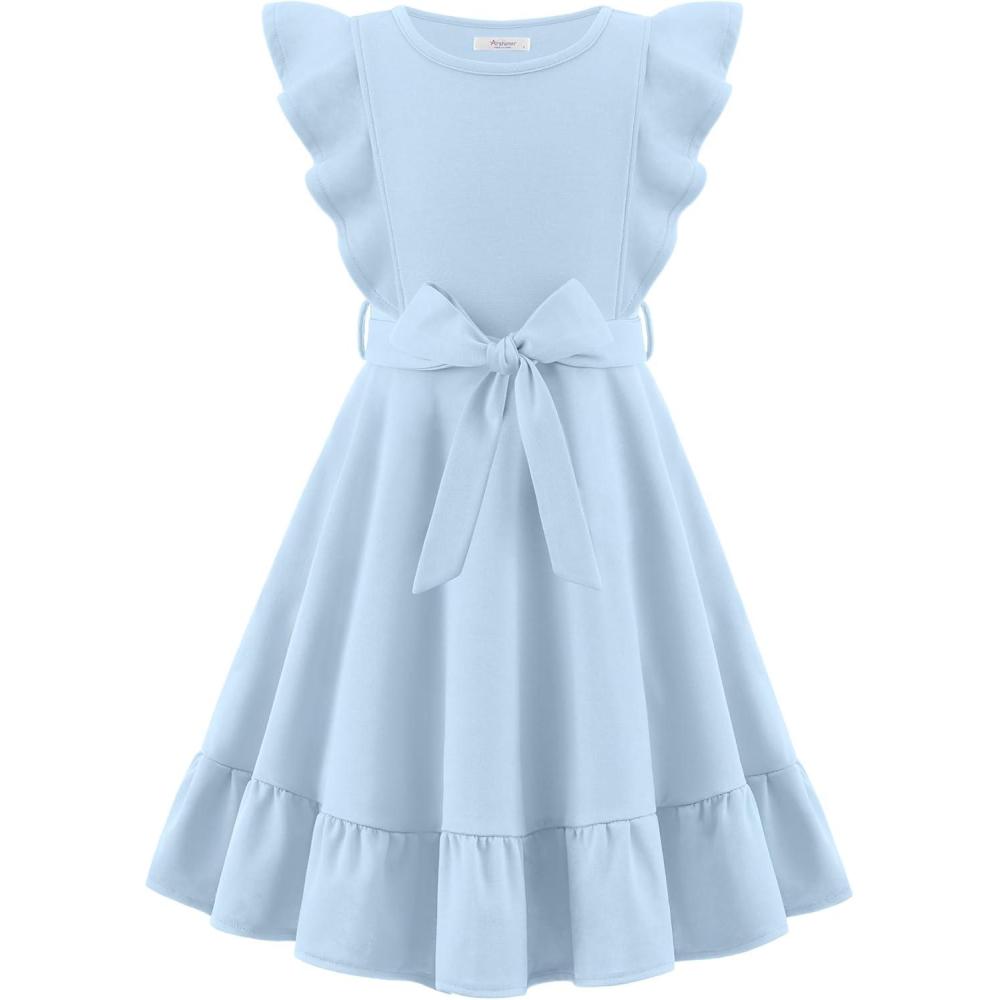 imageArshiner Girls Spring Summer Dresses Flutter Sleeve Aline with Belted Pockets Casual Party Dress for Kids 616 YearsLight Blue
