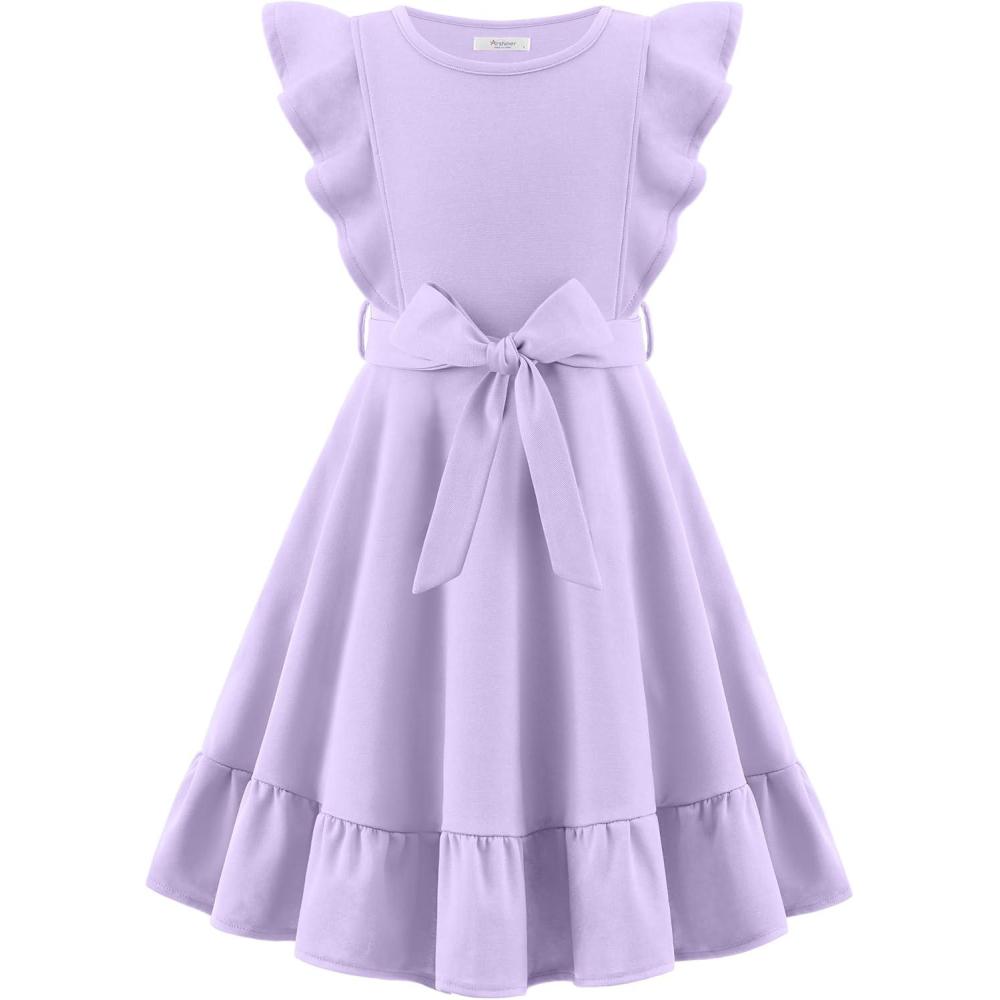 imageArshiner Girls Spring Summer Dresses Flutter Sleeve Aline with Belted Pockets Casual Party Dress for Kids 616 YearsLilac