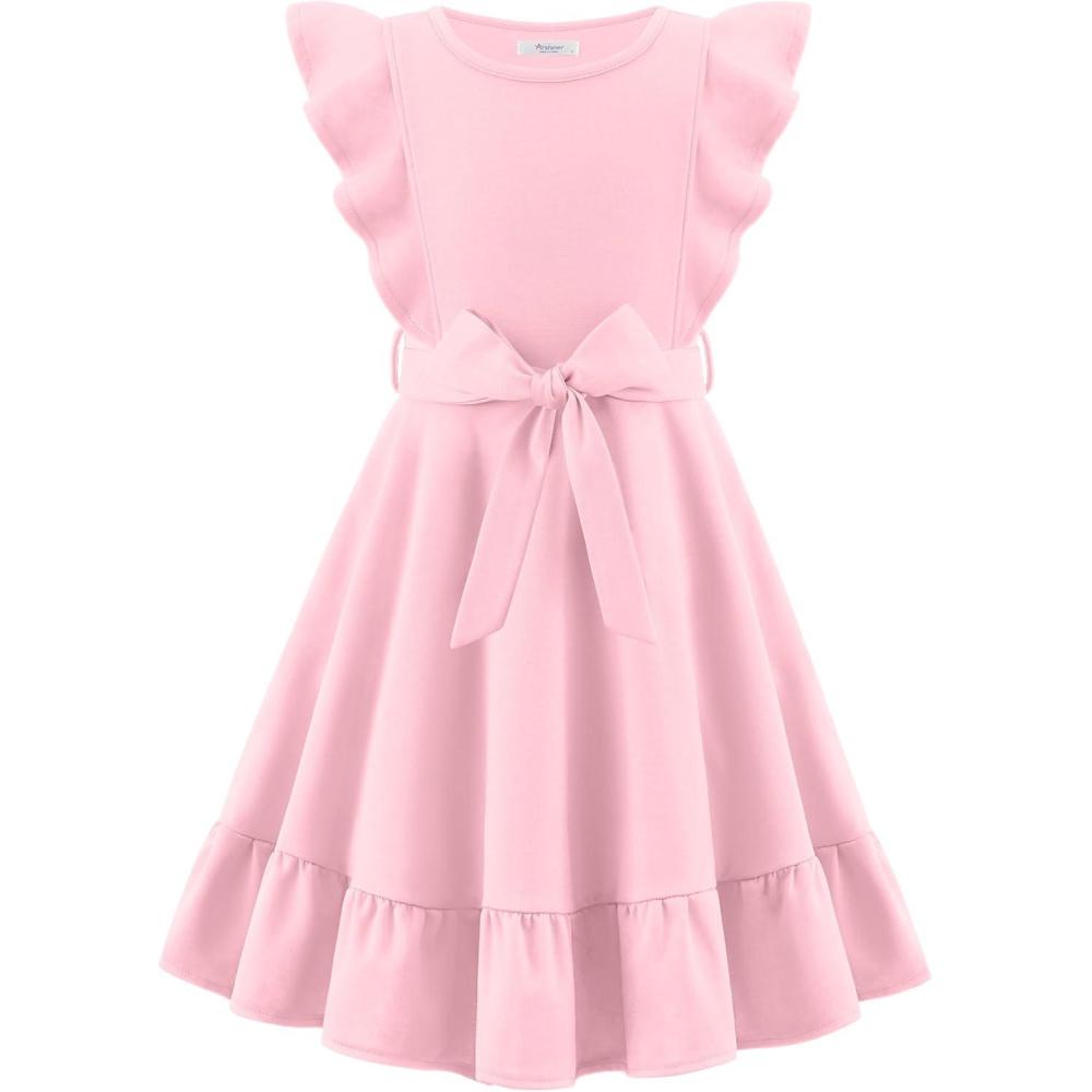 imageArshiner Girls Spring Summer Dresses Flutter Sleeve Aline with Belted Pockets Casual Party Dress for Kids 616 YearsMisty Rose