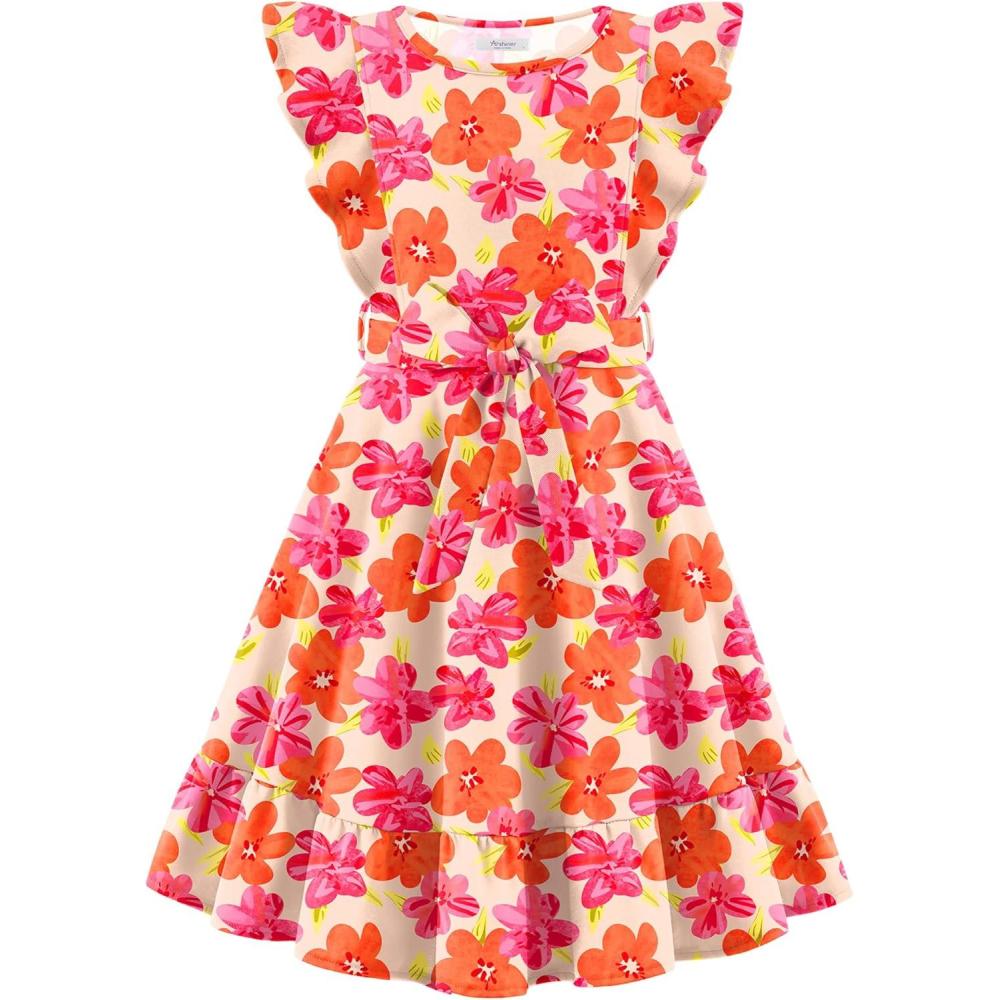 imageArshiner Girls Spring Summer Dresses Flutter Sleeve Aline with Belted Pockets Casual Party Dress for Kids 616 YearsOrange Floral
