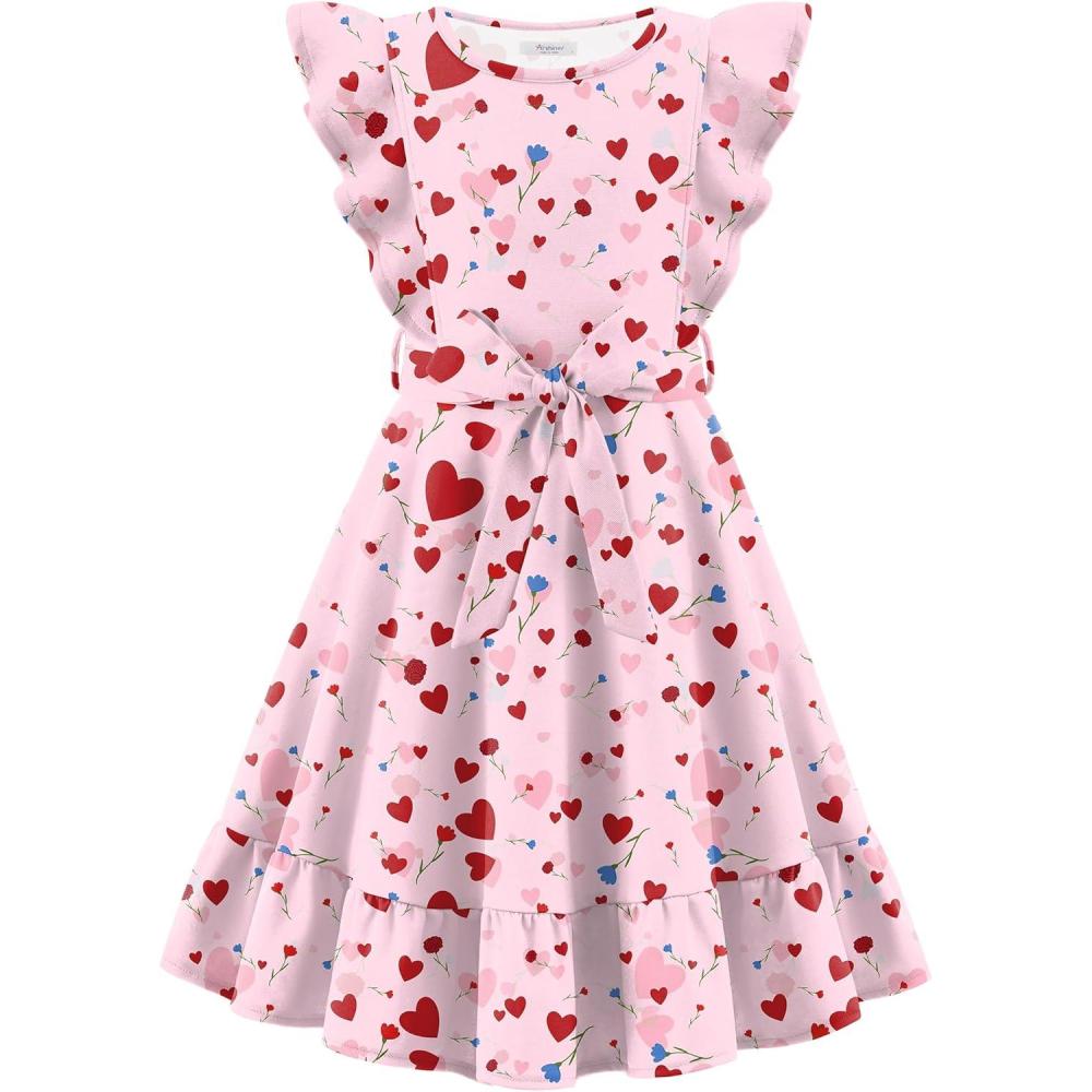 imageArshiner Girls Spring Summer Dresses Flutter Sleeve Aline with Belted Pockets Casual Party Dress for Kids 616 YearsPink Heart