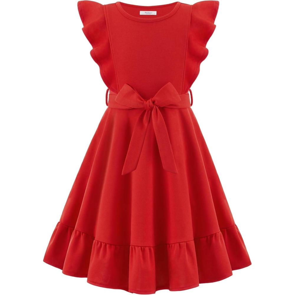 imageArshiner Girls Spring Summer Dresses Flutter Sleeve Aline with Belted Pockets Casual Party Dress for Kids 616 YearsRed