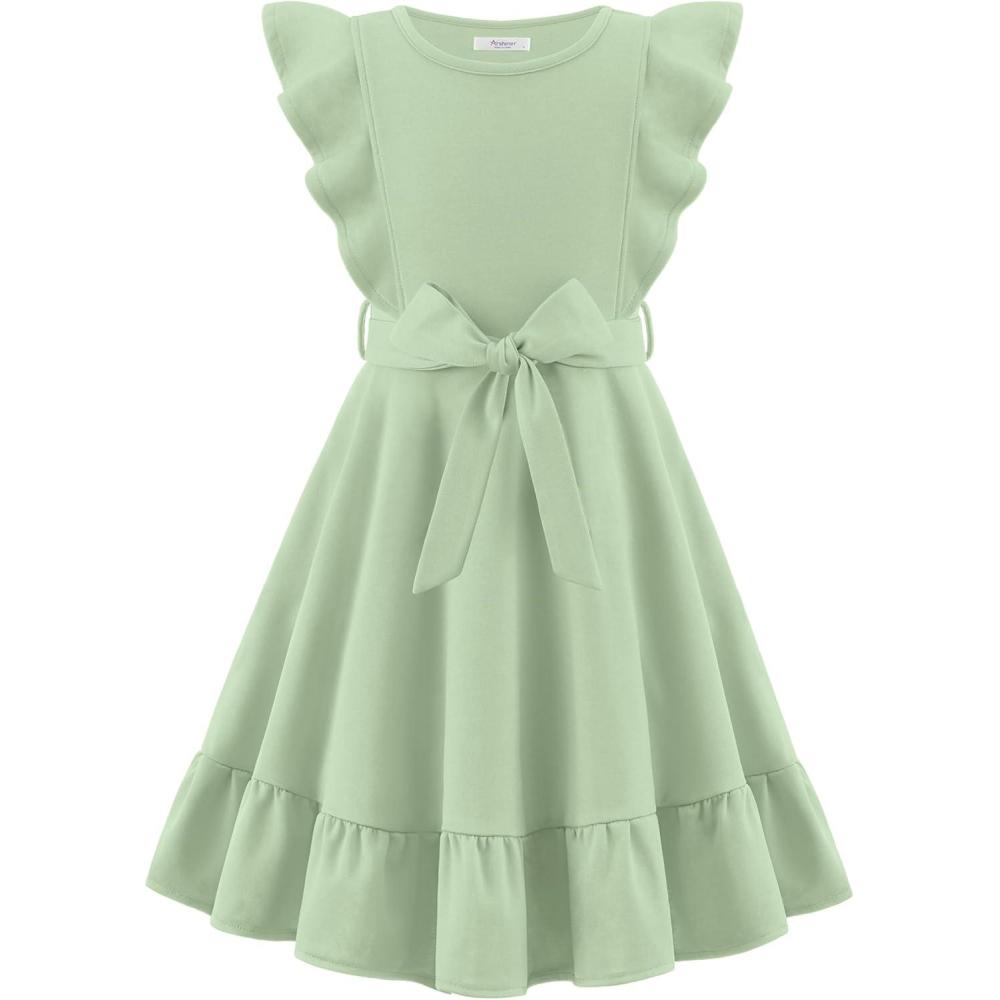 imageArshiner Girls Spring Summer Dresses Flutter Sleeve Aline with Belted Pockets Casual Party Dress for Kids 616 YearsSage Green