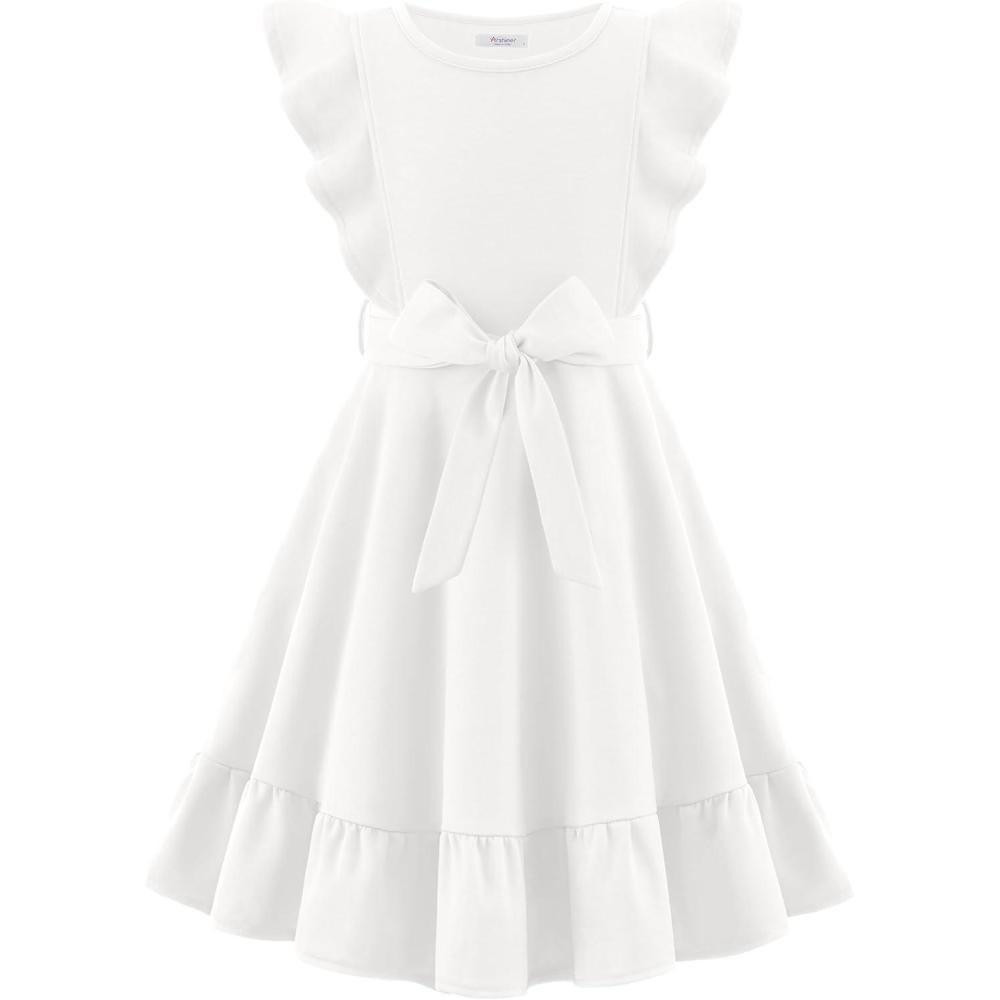 imageArshiner Girls Spring Summer Dresses Flutter Sleeve Aline with Belted Pockets Casual Party Dress for Kids 616 YearsWhite