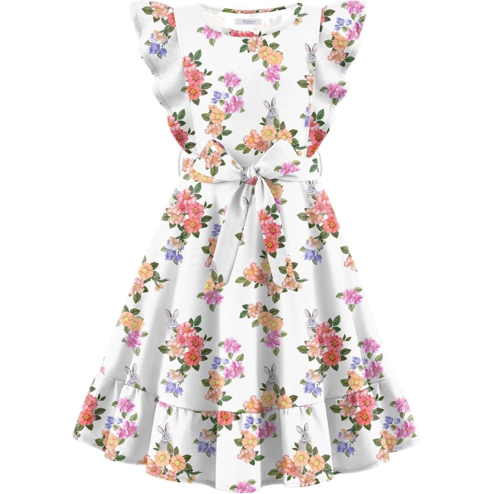 imageArshiner Girls Spring Summer Dresses Flutter Sleeve Aline with Belted Pockets Casual Party Dress for Kids 616 YearsWhite Floral