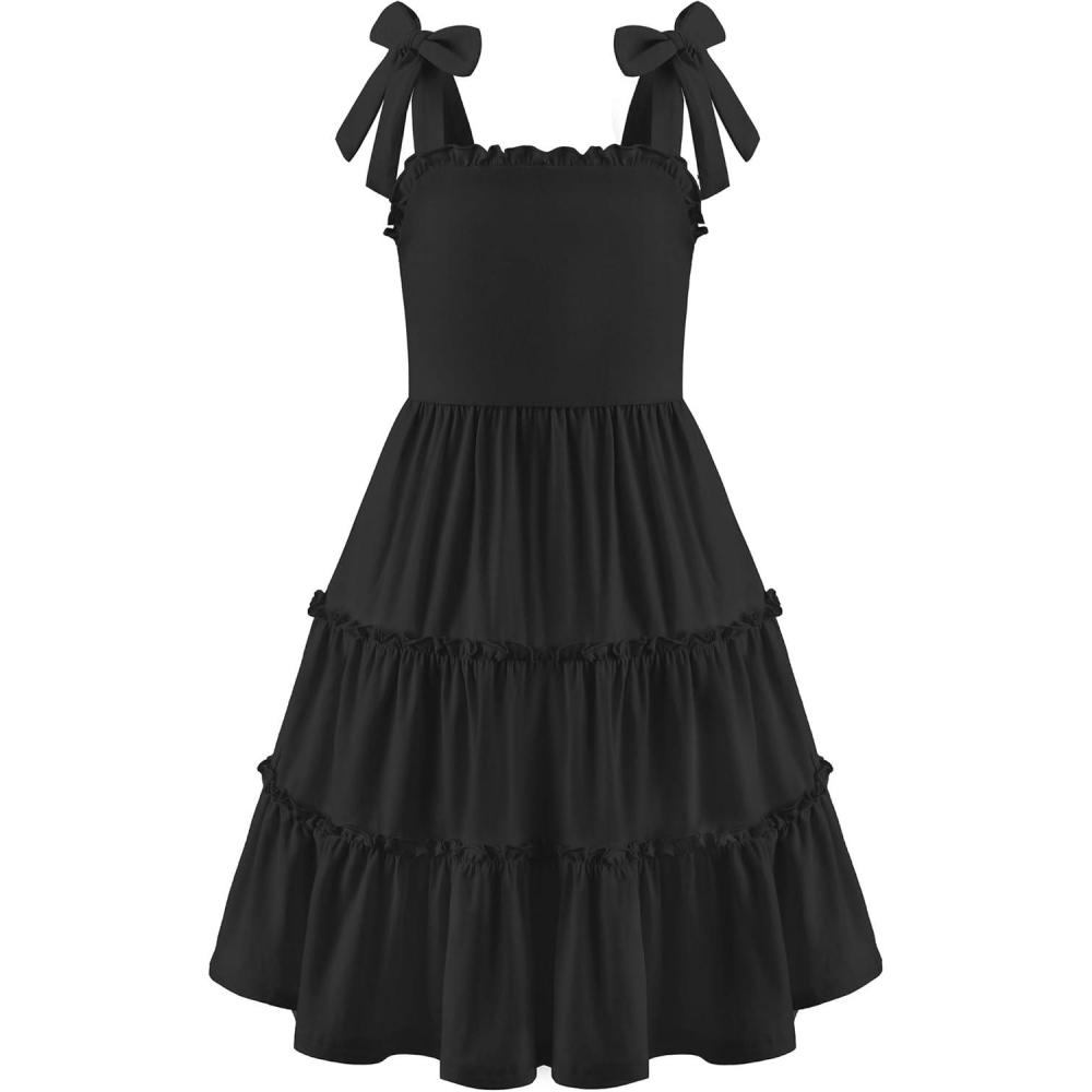 imageArshiner Girls Summer Dress Tween Boho Casual Bowknot Strap Sleeveless Swing Flowy Ruffle Tiered Sundresses with PocketsBlack