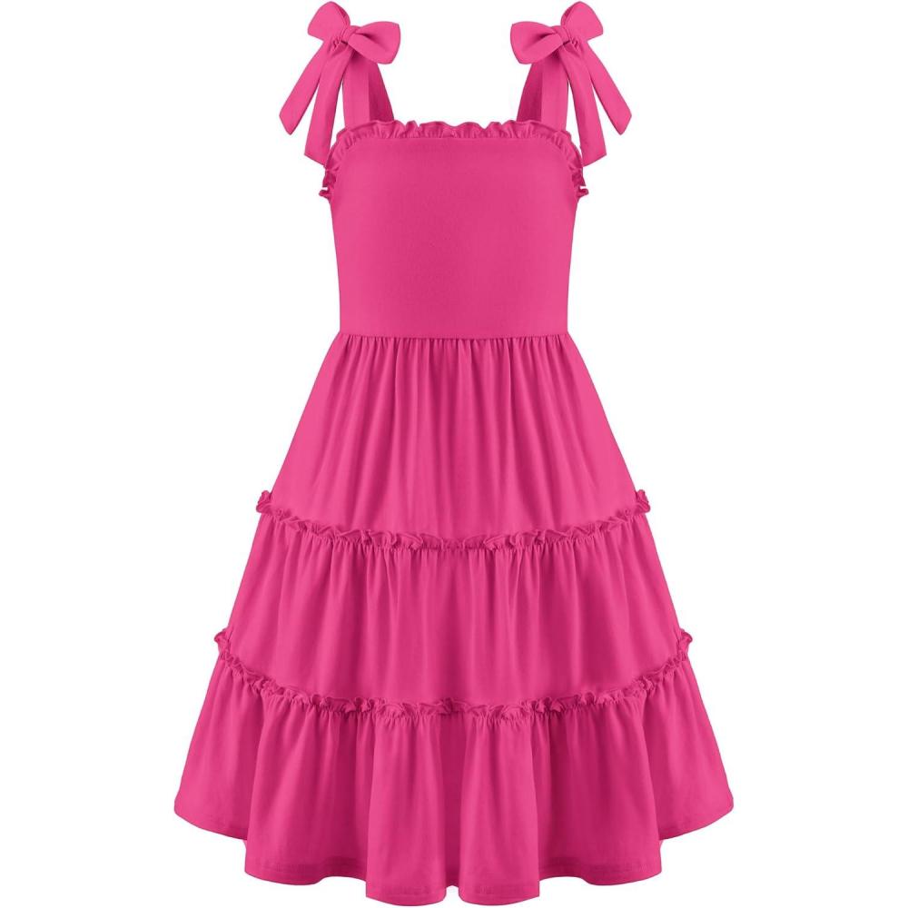 imageArshiner Girls Summer Dress Tween Boho Casual Bowknot Strap Sleeveless Swing Flowy Ruffle Tiered Sundresses with PocketsHot Pink