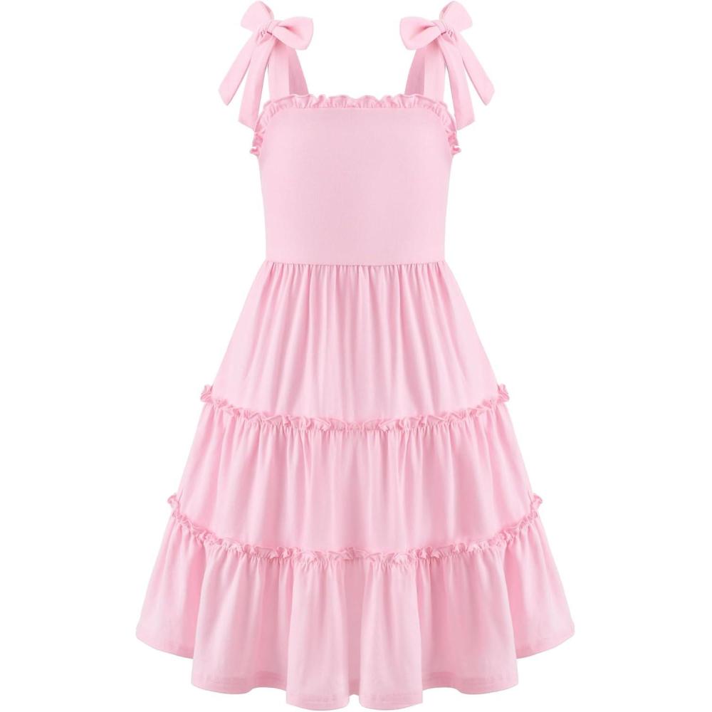 imageArshiner Girls Summer Dress Tween Boho Casual Bowknot Strap Sleeveless Swing Flowy Ruffle Tiered Sundresses with PocketsPink
