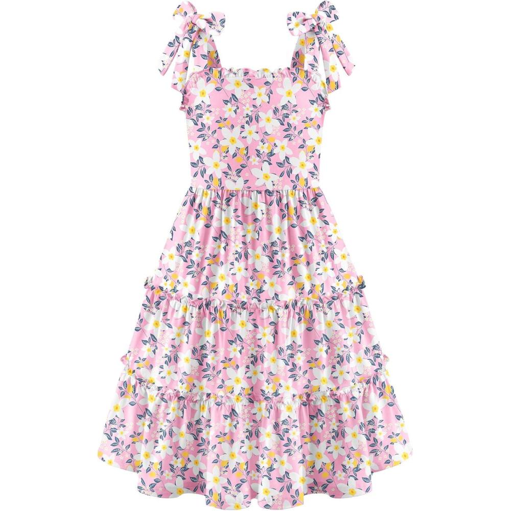 imageArshiner Girls Summer Dress Tween Boho Casual Bowknot Strap Sleeveless Swing Flowy Ruffle Tiered Sundresses with PocketsPink Floral
