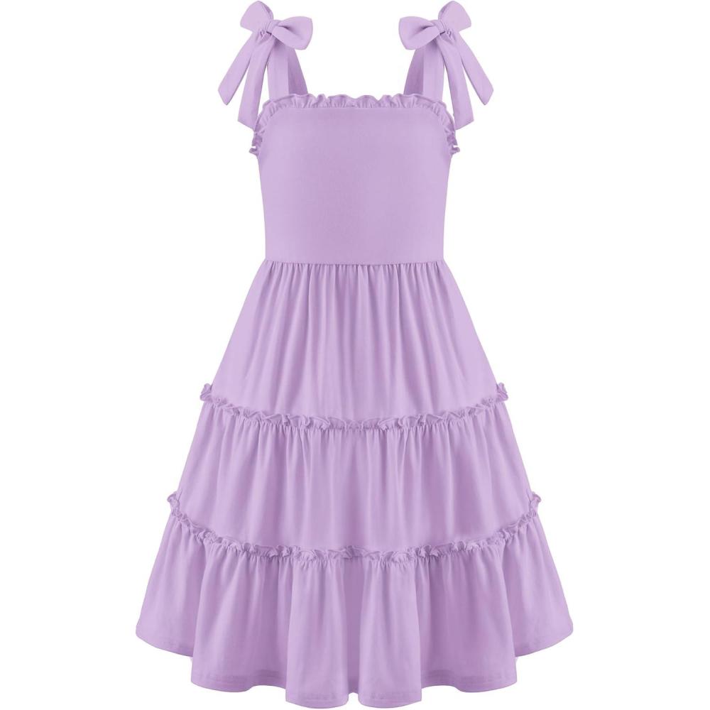 imageArshiner Girls Summer Dress Tween Boho Casual Bowknot Strap Sleeveless Swing Flowy Ruffle Tiered Sundresses with PocketsPurple