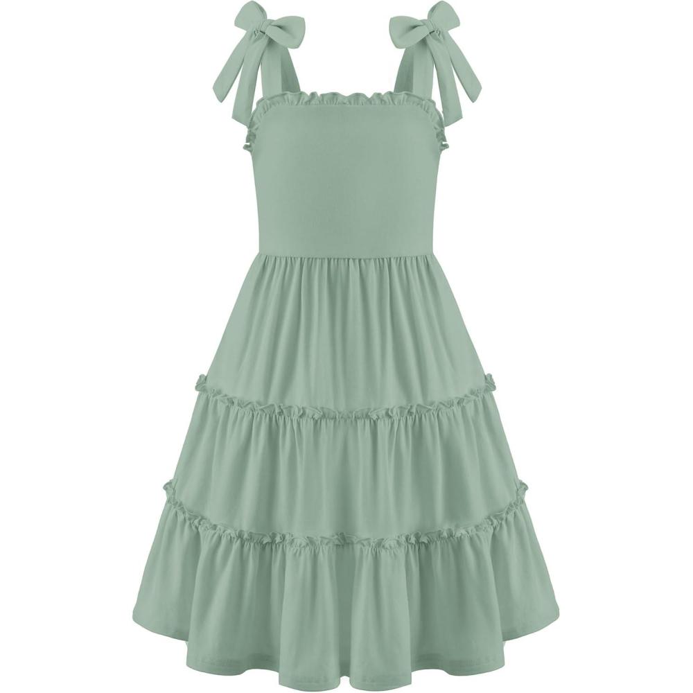 imageArshiner Girls Summer Dress Tween Boho Casual Bowknot Strap Sleeveless Swing Flowy Ruffle Tiered Sundresses with PocketsSage Green