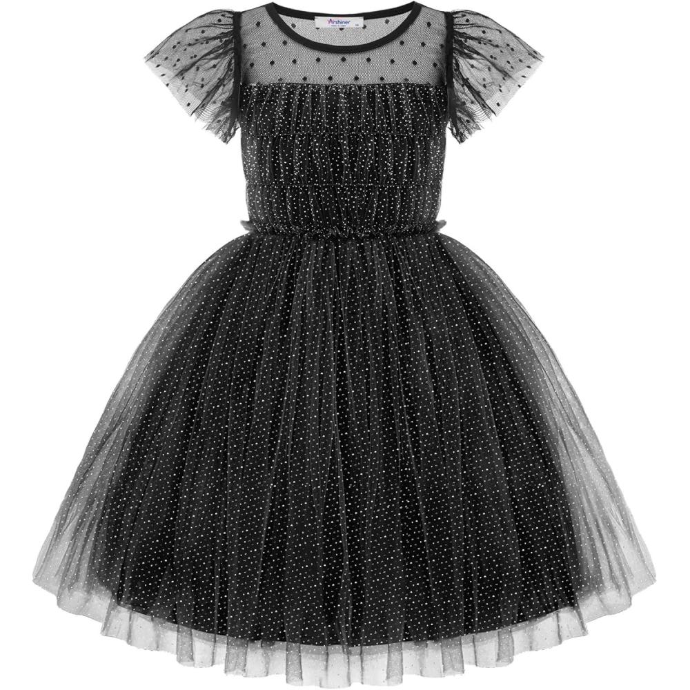 imageArshiner Little Girl Dresses Contrast Mesh Ruffle Sleeve Birthday Holiday Princess Toddler Tulle Dress for 27 Years OldBlack