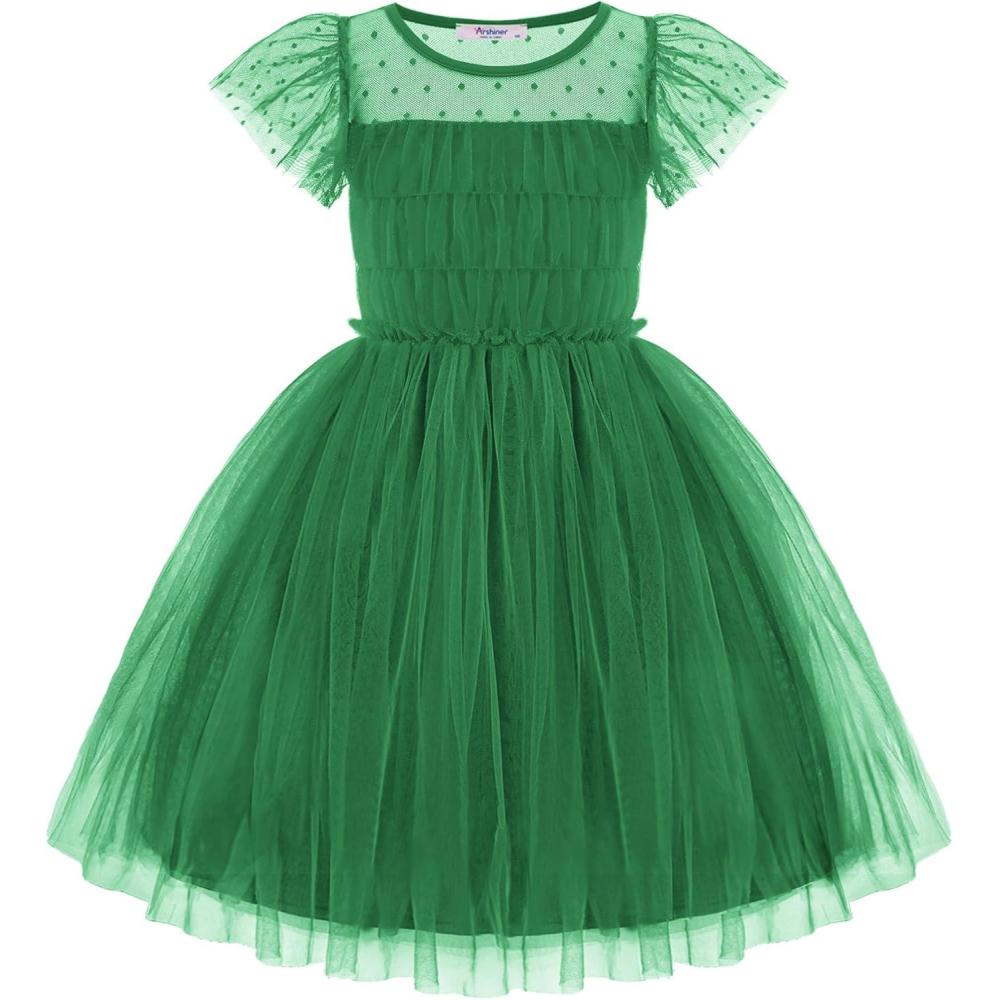 imageArshiner Little Girl Dresses Contrast Mesh Ruffle Sleeve Birthday Holiday Princess Toddler Tulle Dress for 27 Years OldGreen
