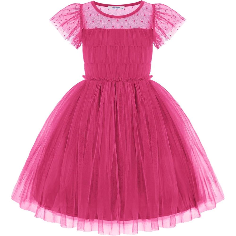 imageArshiner Little Girl Dresses Contrast Mesh Ruffle Sleeve Birthday Holiday Princess Toddler Tulle Dress for 27 Years OldHot Pink