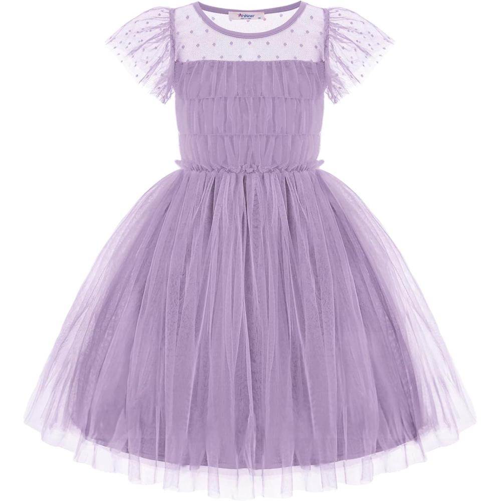imageArshiner Little Girl Dresses Contrast Mesh Ruffle Sleeve Birthday Holiday Princess Toddler Tulle Dress for 27 Years OldLavender