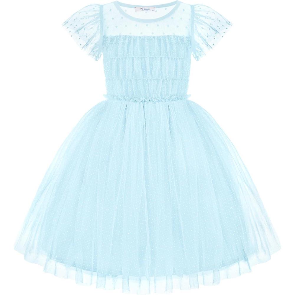 imageArshiner Little Girl Dresses Contrast Mesh Ruffle Sleeve Birthday Holiday Princess Toddler Tulle Dress for 27 Years OldLight Blue