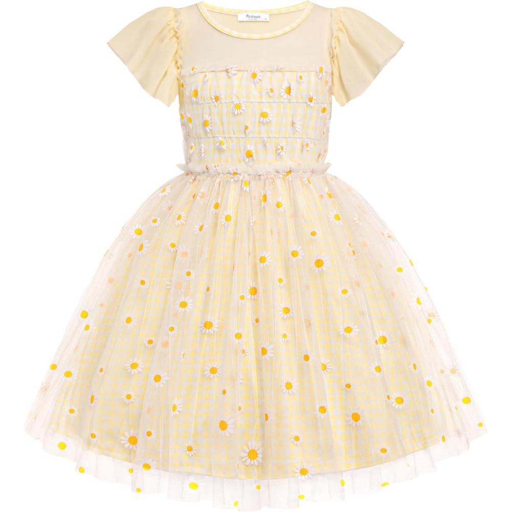 imageArshiner Little Girl Dresses Contrast Mesh Ruffle Sleeve Birthday Holiday Princess Toddler Tulle Dress for 27 Years OldPlaid Yellow