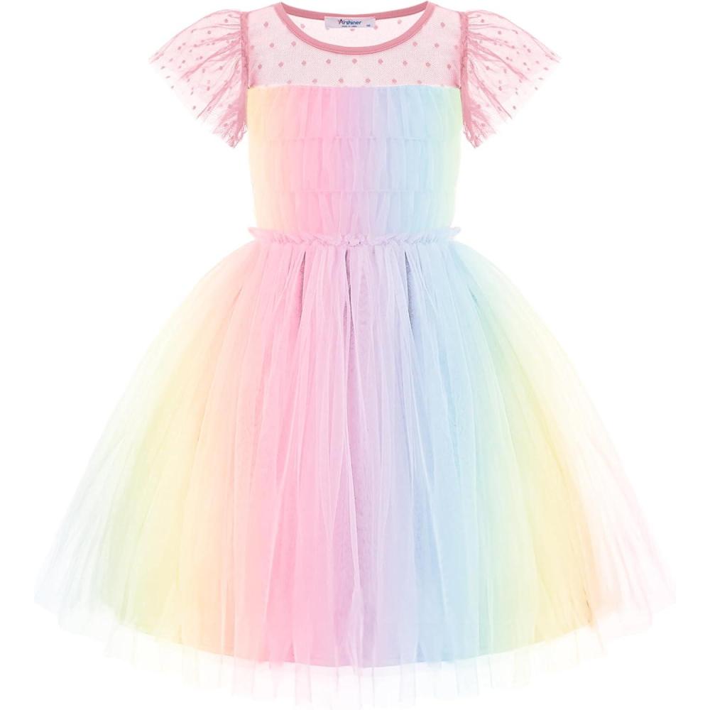 imageArshiner Little Girl Dresses Contrast Mesh Ruffle Sleeve Birthday Holiday Princess Toddler Tulle Dress for 27 Years OldRainbow1