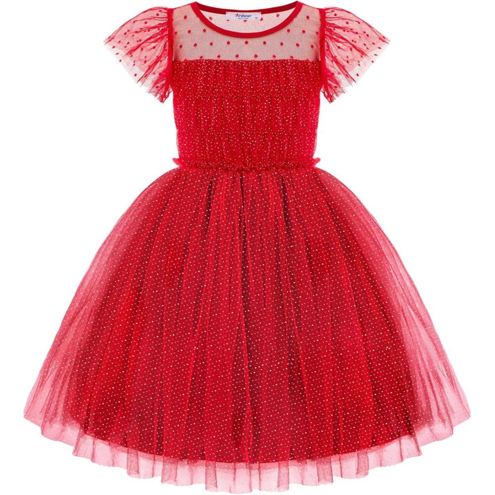imageArshiner Little Girl Dresses Contrast Mesh Ruffle Sleeve Birthday Holiday Princess Toddler Tulle Dress for 27 Years OldRed