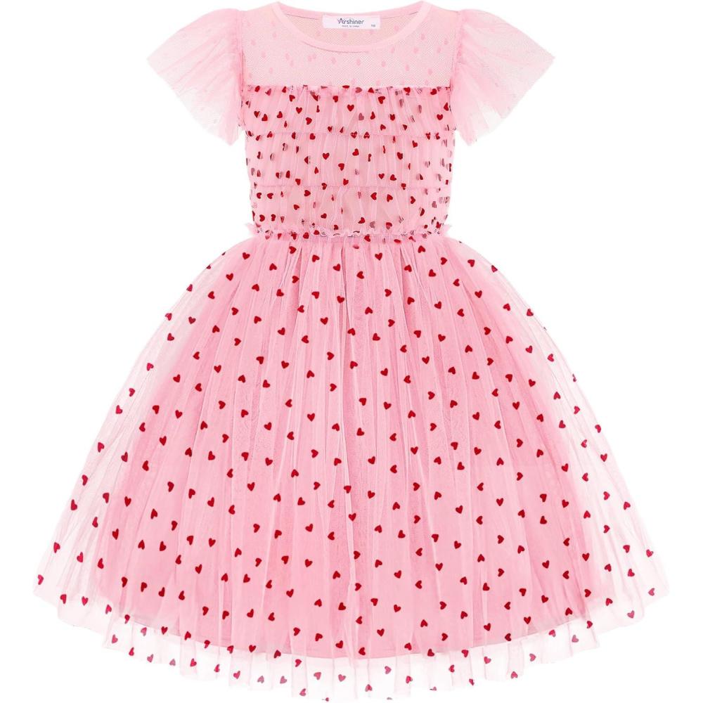 imageArshiner Little Girl Dresses Contrast Mesh Ruffle Sleeve Birthday Holiday Princess Toddler Tulle Dress for 27 Years OldRed Heart