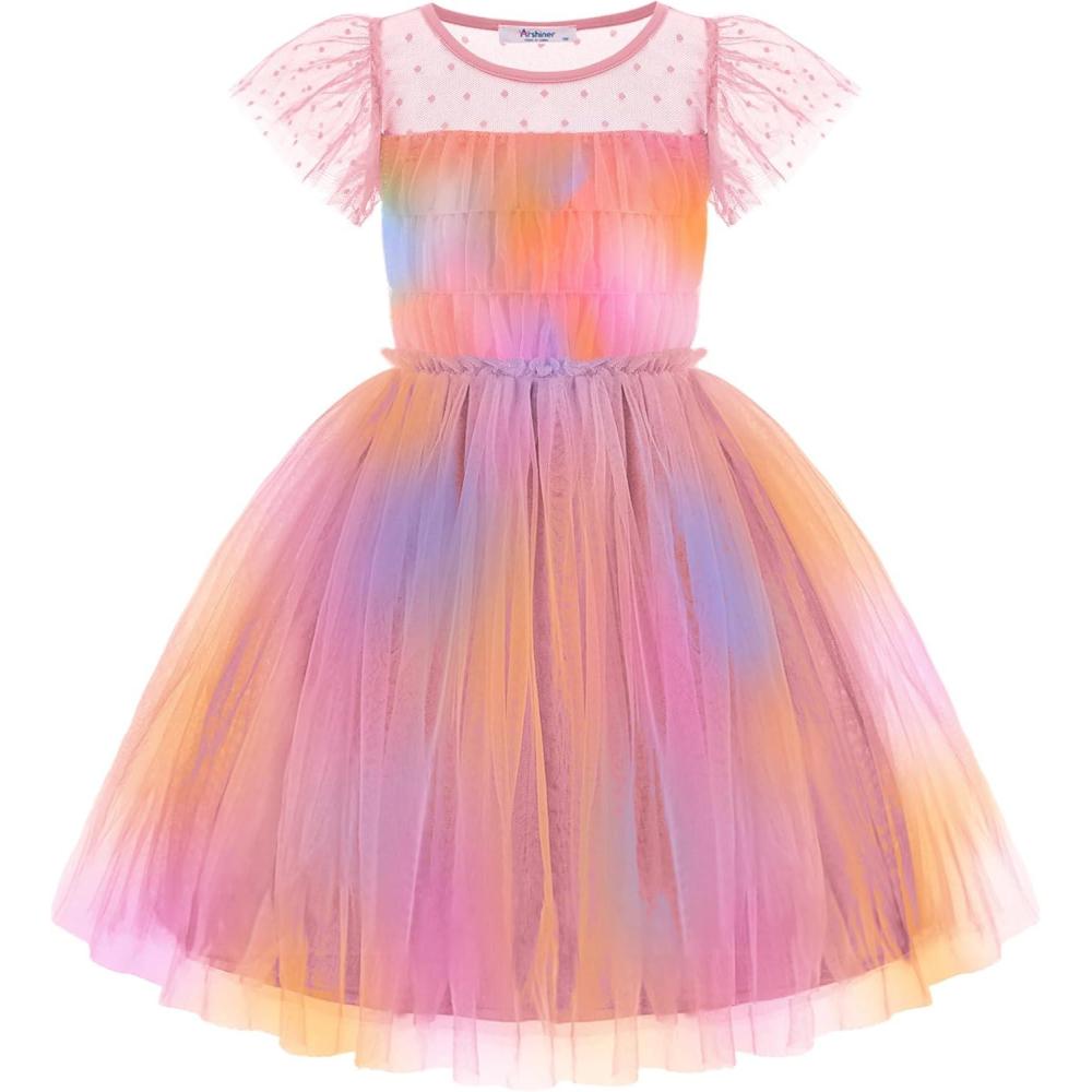 imageArshiner Little Girl Dresses Contrast Mesh Ruffle Sleeve Birthday Holiday Princess Toddler Tulle Dress for 27 Years OldTie Dye