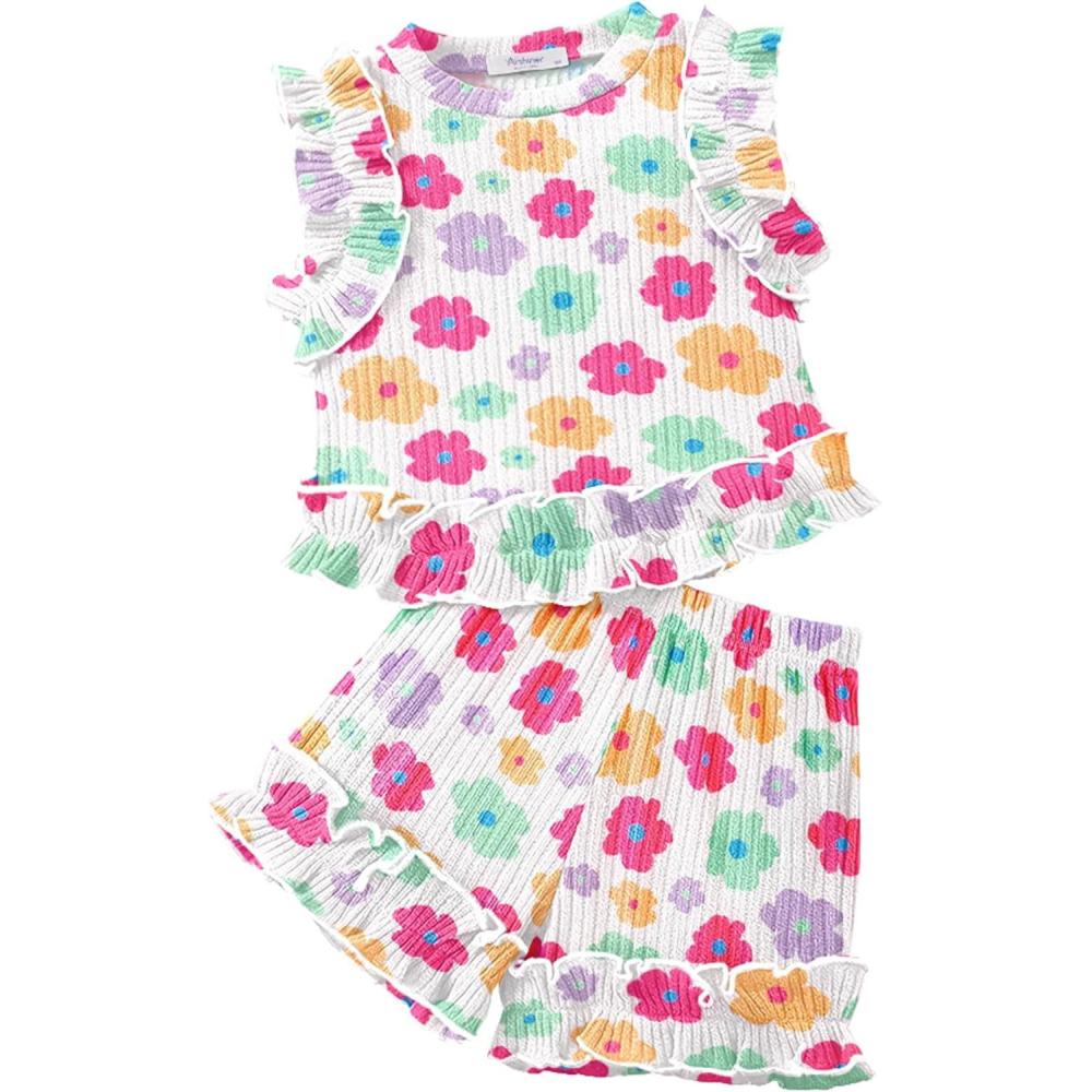 imageArshiner Toddler Girls Clothes Ribbed Knit Ruffle Sleeveless Tops and Shorts with Pockets Cute Summer 2 Pieces Short SetsFloral Printa