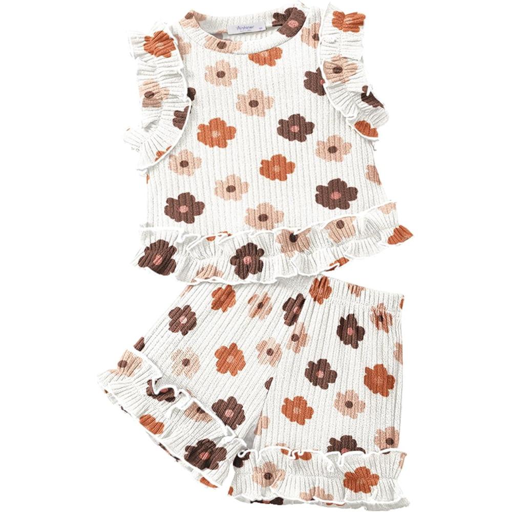 imageArshiner Toddler Girls Clothes Ribbed Knit Ruffle Sleeveless Tops and Shorts with Pockets Cute Summer 2 Pieces Short SetsFloral Printb