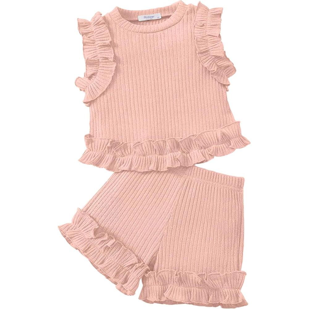 imageArshiner Toddler Girls Clothes Ribbed Knit Ruffle Sleeveless Tops and Shorts with Pockets Cute Summer 2 Pieces Short SetsLight Pink