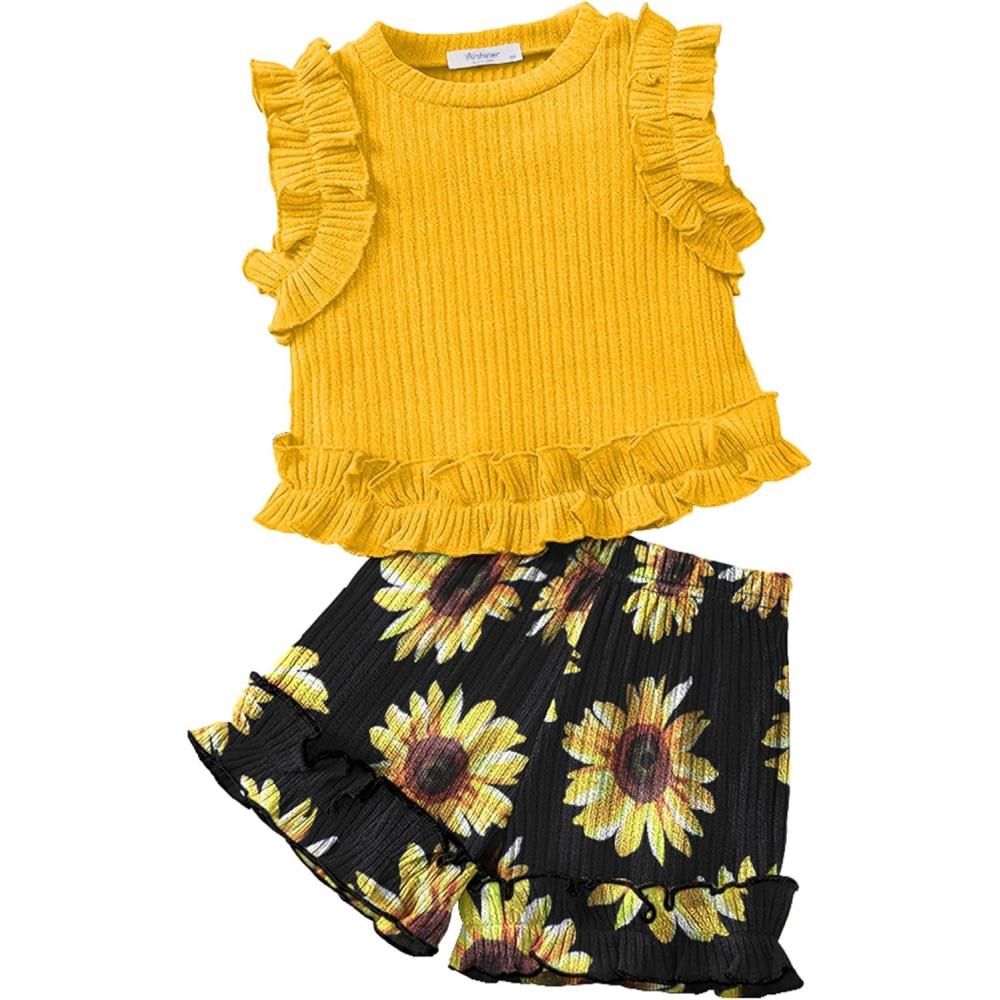 imageArshiner Toddler Girls Clothes Ribbed Knit Ruffle Sleeveless Tops and Shorts with Pockets Cute Summer 2 Pieces Short SetsYellowsunflower