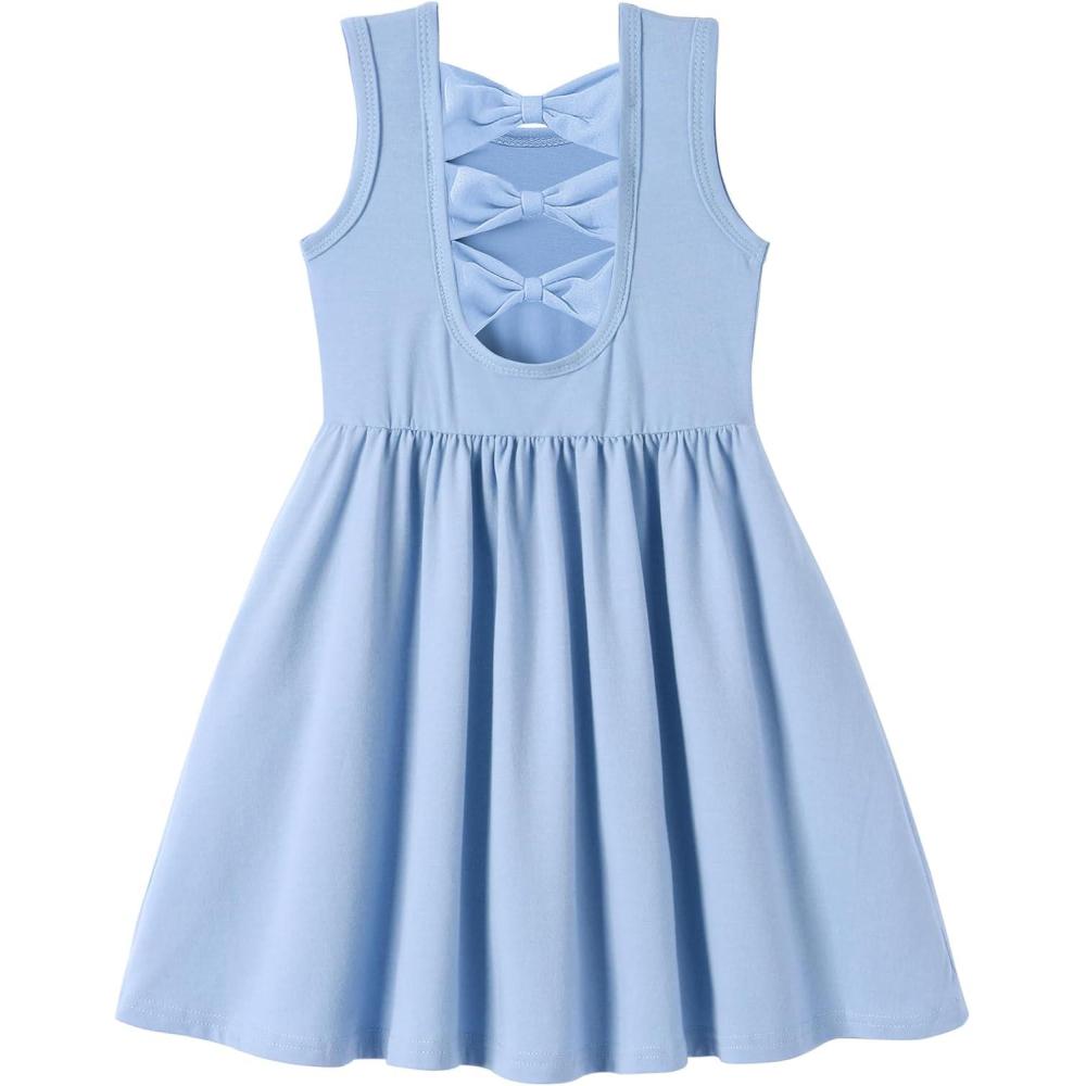 imageArshiner Toddler Girls Summer Dress Back Bowknot Sleeveless Twirly Casual Beach Party Sundress with PocketsLight Blue