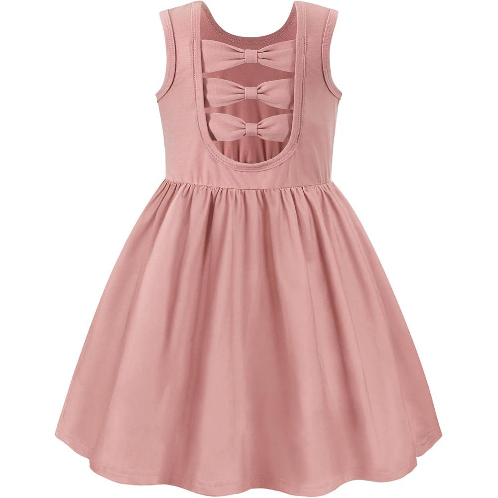 imageArshiner Toddler Girls Summer Dress Back Bowknot Sleeveless Twirly Casual Beach Party Sundress with PocketsPink
