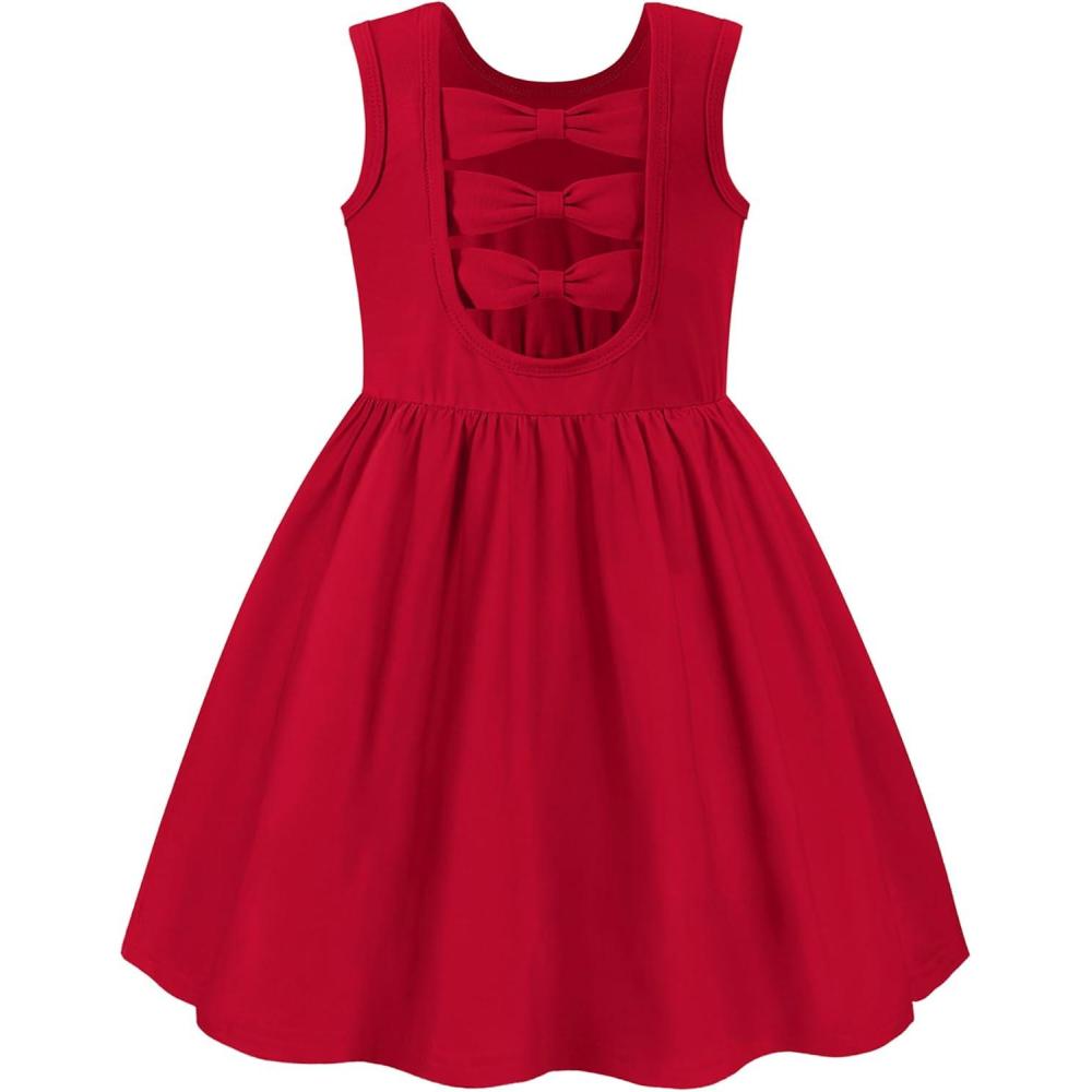 imageArshiner Toddler Girls Summer Dress Back Bowknot Sleeveless Twirly Casual Beach Party Sundress with PocketsRed
