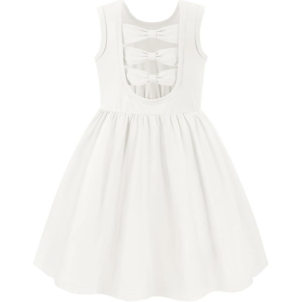 imageArshiner Toddler Girls Summer Dress Back Bowknot Sleeveless Twirly Casual Beach Party Sundress with PocketsWhite