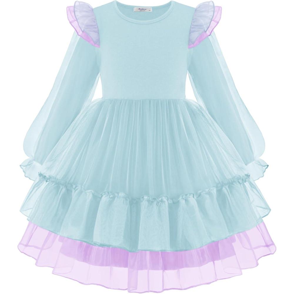 imageArshiner Toddler Girls Tiered Tutu Dress Fall Formal Party Birthday Princess Long Sleeve Tulle DressesBlue Purple Gradient