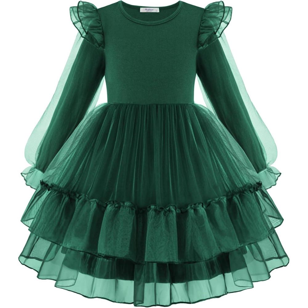 imageArshiner Toddler Girls Tiered Tutu Dress Fall Formal Party Birthday Princess Long Sleeve Tulle DressesGreen